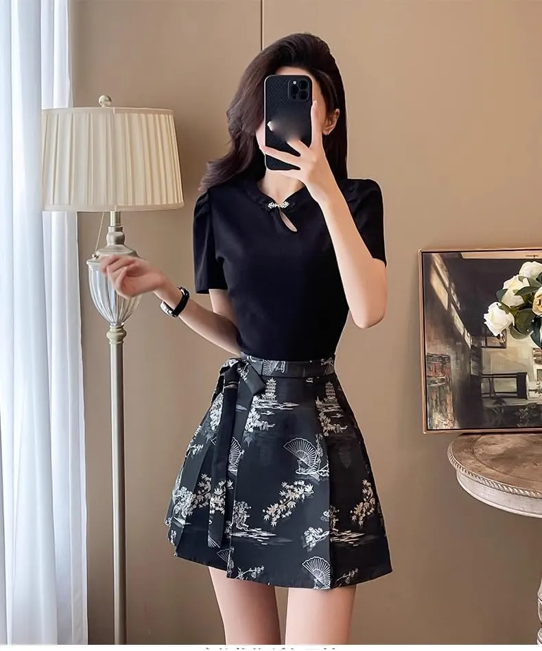 Chinese Style Horse Face Skirt Everyday Petite Women Summer Black Fitted Top Brocade Pleated Mini Skirt