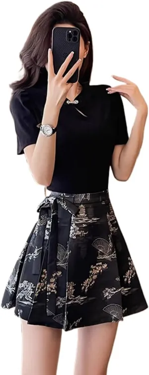 Chinese Style Horse Face Skirt Everyday Petite Women Summer Black Fitted Top Brocade Pleated Mini Skirt