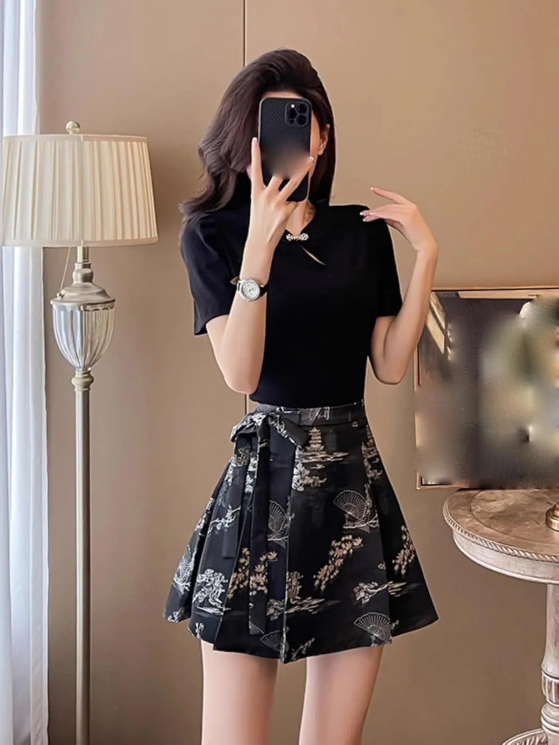 Chinese Style Horse Face Skirt Everyday Petite Women Summer Black Fitted Top Brocade Pleated Mini Skirt
