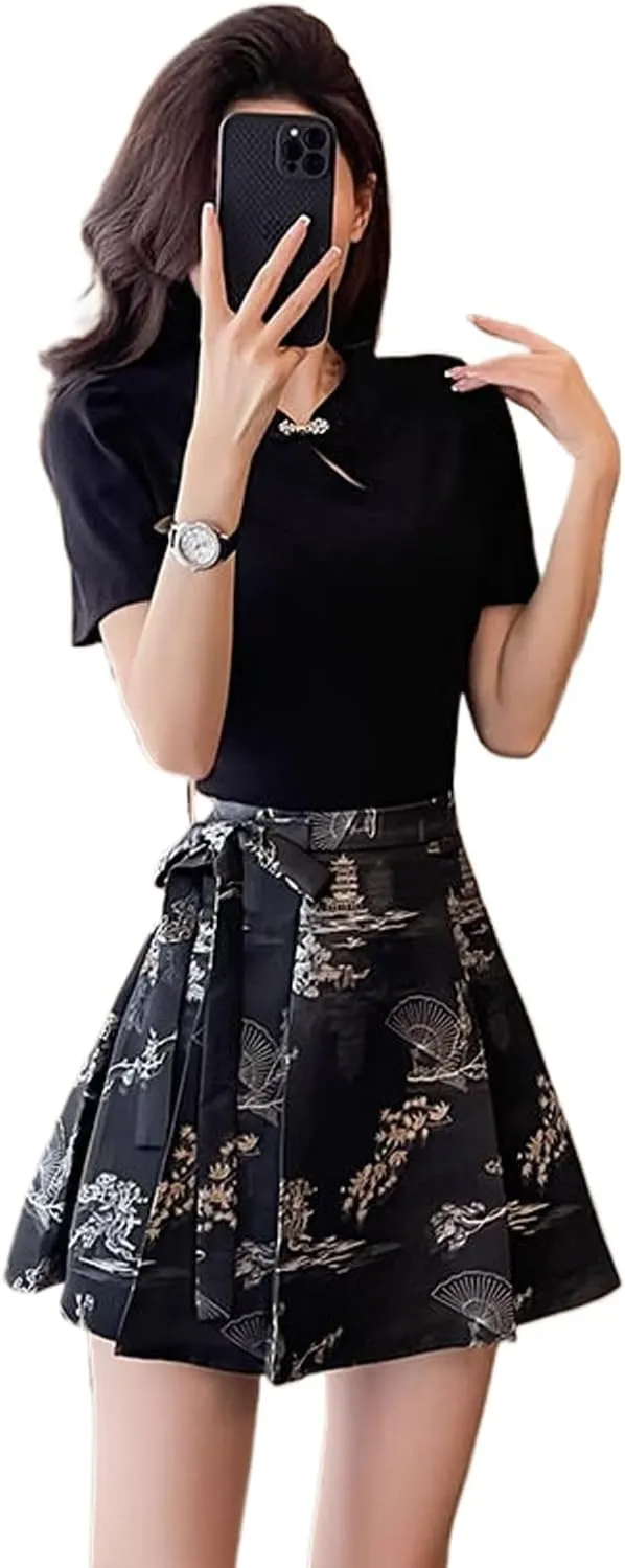 Chinese Style Horse Face Skirt Everyday Petite Women Summer Black Fitted Top Brocade Pleated Mini Skirt