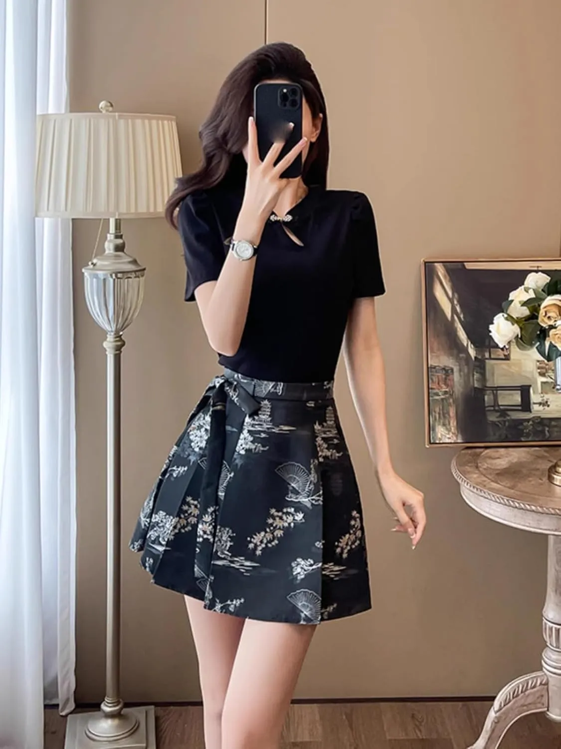 Chinese Style Horse Face Skirt Everyday Petite Women Summer Black Fitted Top Brocade Pleated Mini Skirt