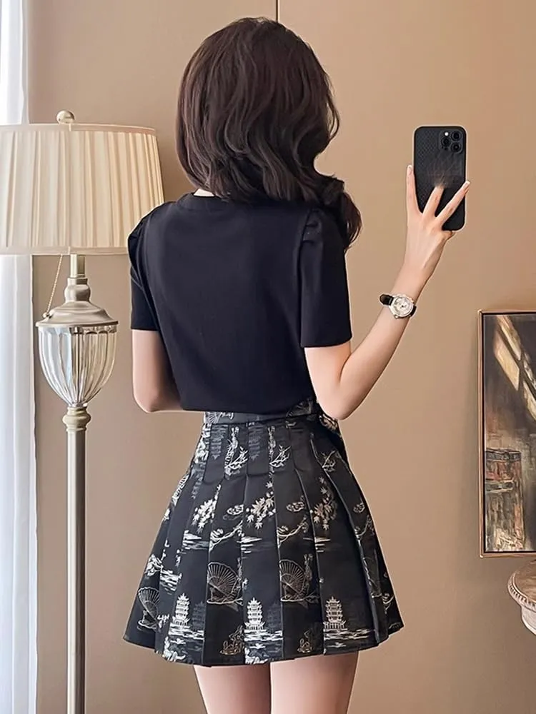 Chinese Style Horse Face Skirt Everyday Petite Women Summer Black Fitted Top Brocade Pleated Mini Skirt