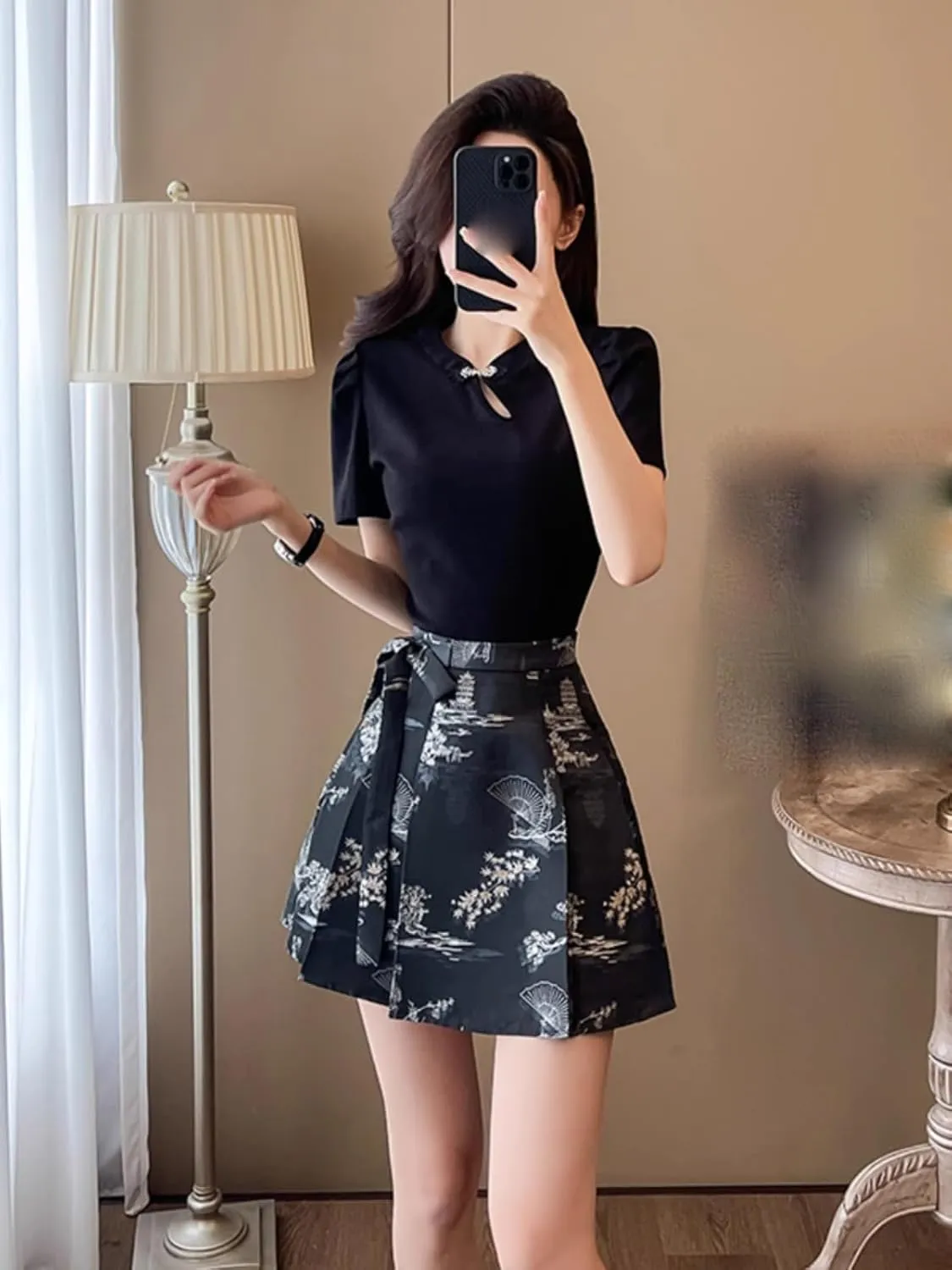 Chinese Style Horse Face Skirt Everyday Petite Women Summer Black Fitted Top Brocade Pleated Mini Skirt