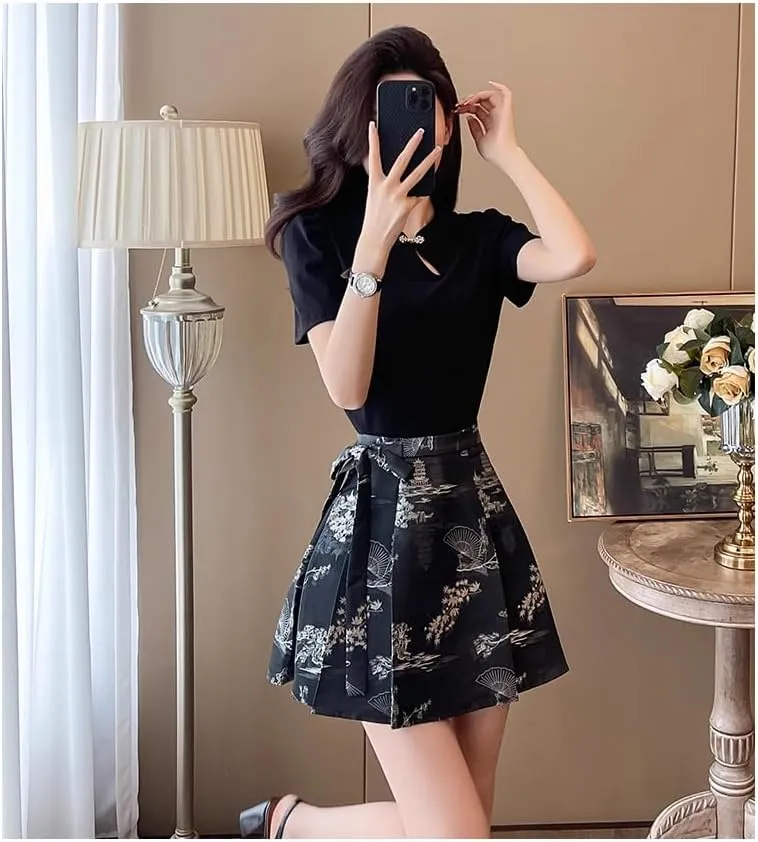 Chinese Style Horse Face Skirt Everyday Petite Women Summer Black Fitted Top Brocade Pleated Mini Skirt