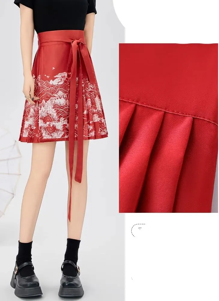 Chinese Style Horse Face Skirt Short Women Spring Summer Chinese Style Red Pleated A-Line Mini Skirt
