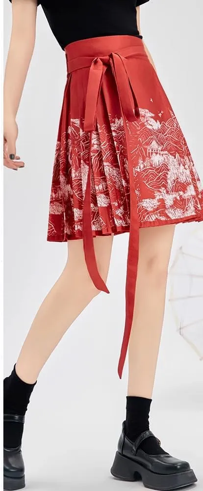 Chinese Style Horse Face Skirt Short Women Spring Summer Chinese Style Red Pleated A-Line Mini Skirt