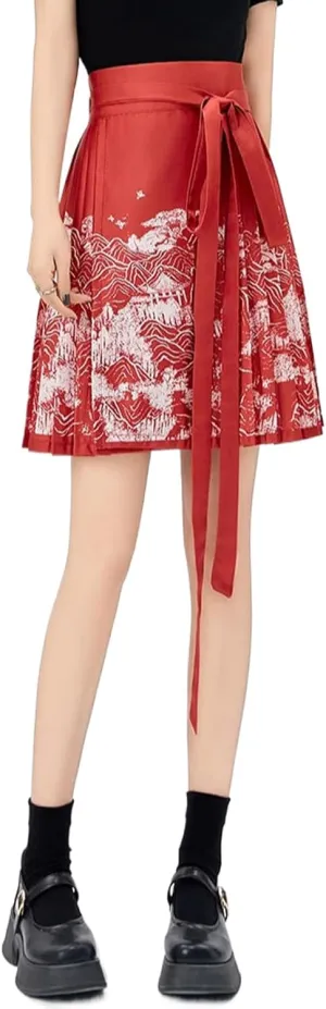 Chinese Style Horse Face Skirt Short Women Spring Summer Chinese Style Red Pleated A-Line Mini Skirt