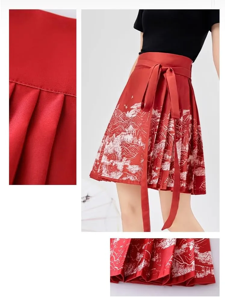 Chinese Style Horse Face Skirt Short Women Spring Summer Chinese Style Red Pleated A-Line Mini Skirt