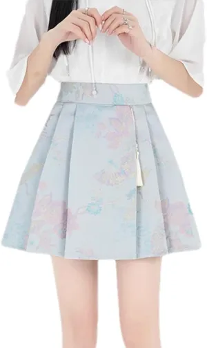Chinese Style Pleated Mini Skirt for Women Vintage Lolita Embroidered Printed Short Skirt Summer Ruffle Cute Skirts
