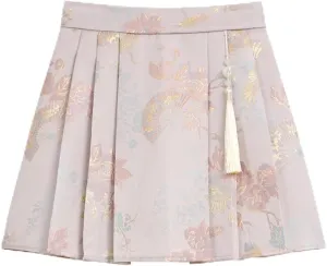 Chinese Style Pleated Mini Skirt for Women Vintage Lolita Embroidered Printed Short Skirt Summer Ruffle Cute Skirts