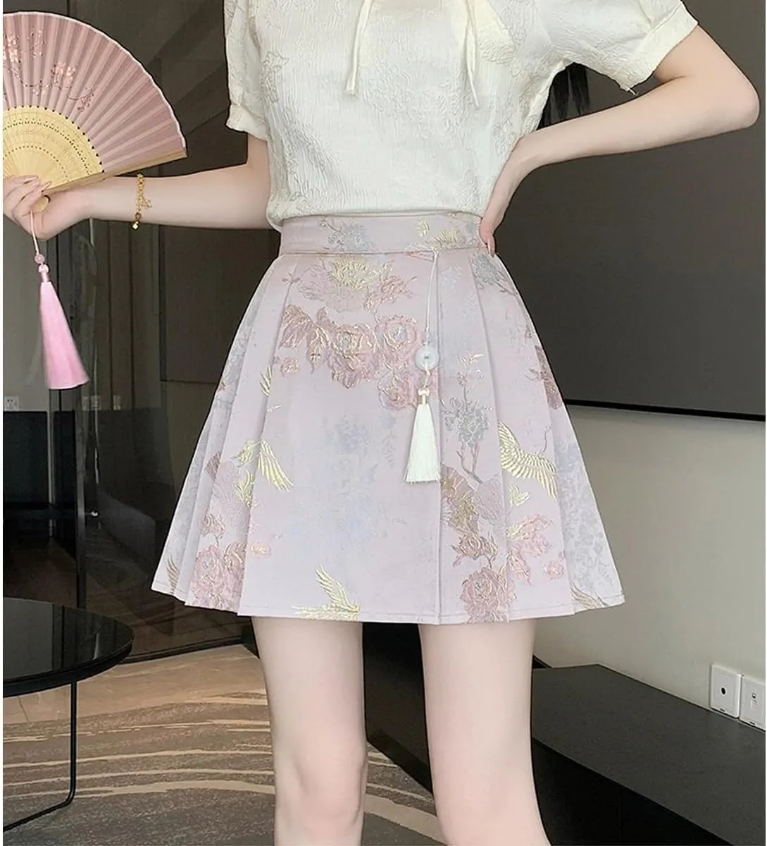 Chinese Style Pleated Mini Skirt for Women Vintage Lolita Embroidered Printed Short Skirt Summer Ruffle Cute Skirts