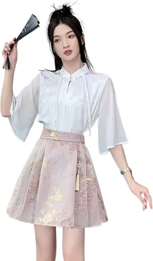 Chinese Style Short Horse Face Skirt Women Summer Thin Chiffon Top Pleated Mini Skirt