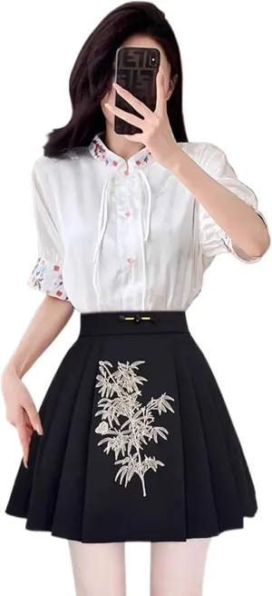Chinese Style Short Horse Face Skirt Women Summer Thin Chiffon Top Pleated Mini Skirt