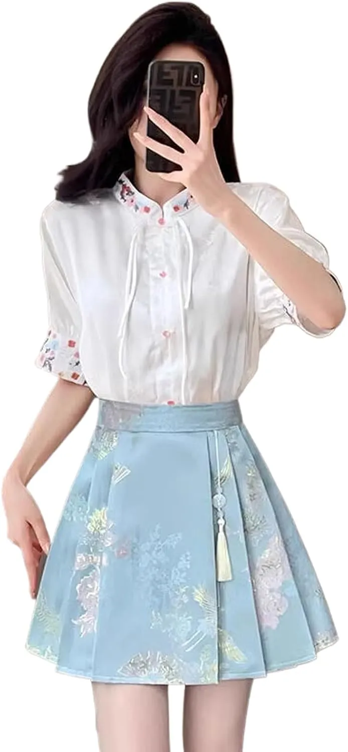 Chinese Style Short Horse Face Skirt Women Summer Thin Chiffon Top Pleated Mini Skirt