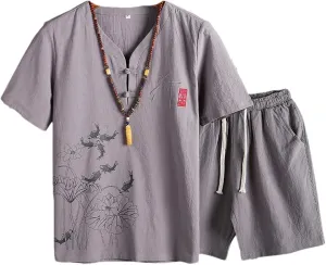 Chinese Style T Shirt  Shorts Men Set T Shirt Summer Mens Linen Cotton Solid Casual Men Short Sleeve T Shirts Suit