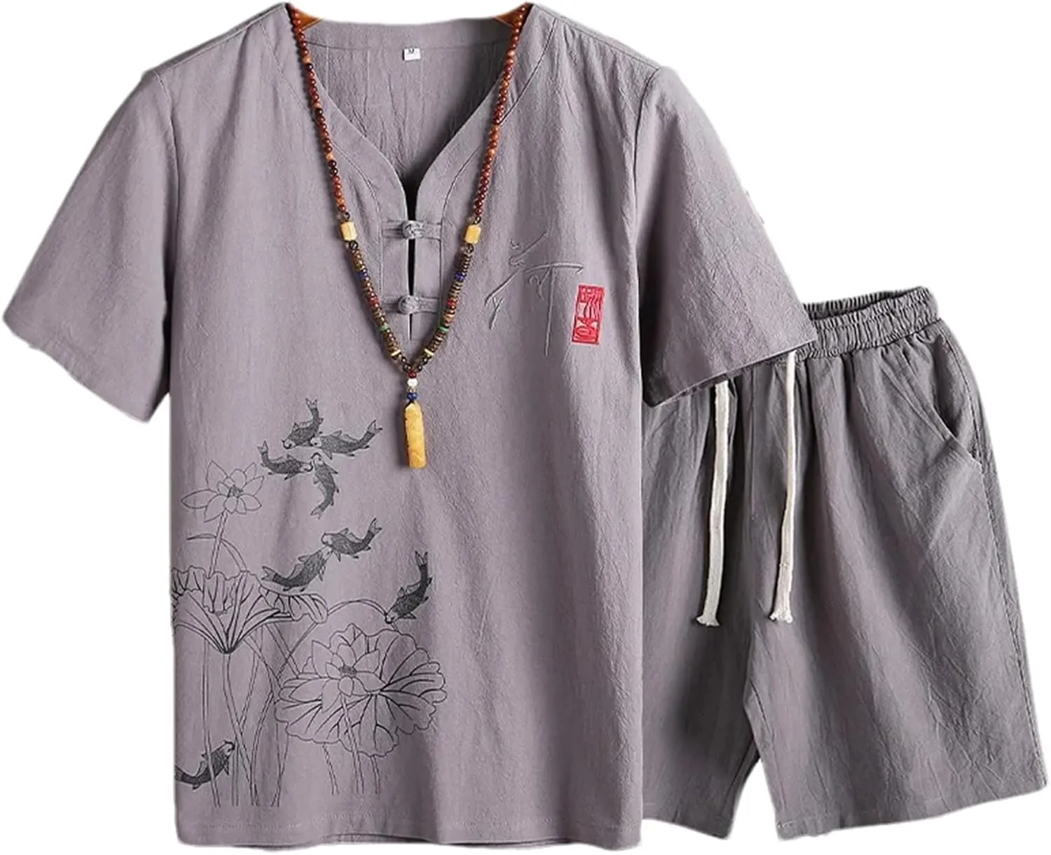 Chinese Style T Shirt  Shorts Men Set T Shirt Summer Mens Linen Cotton Solid Casual Men Short Sleeve T Shirts Suit