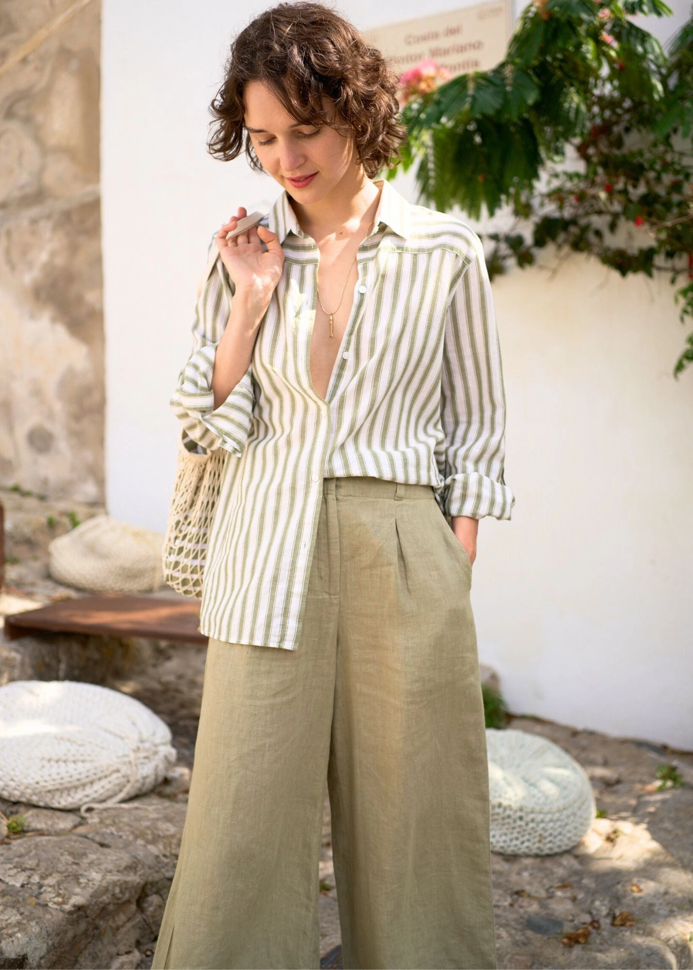 Vibrant color CHLOE - Pleasted Wide-Leg Pants with Elasticated Waist | 100% Linen (SOFT ALMOND)