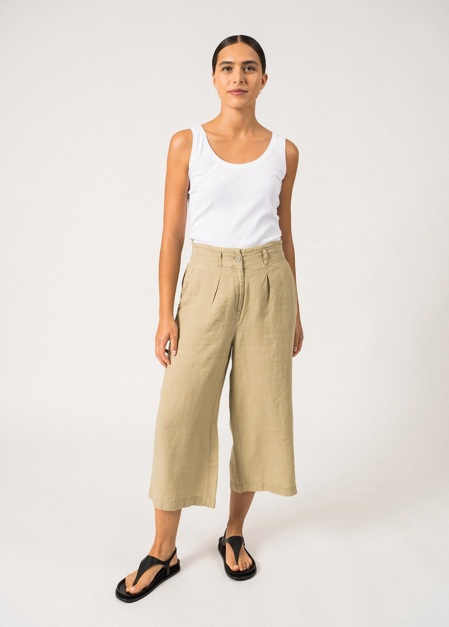 CHLOE - Pleasted Wide-Leg Pants with Elasticated Waist | 100% Linen (SOFT ALMOND) High Waist Smooth Cut