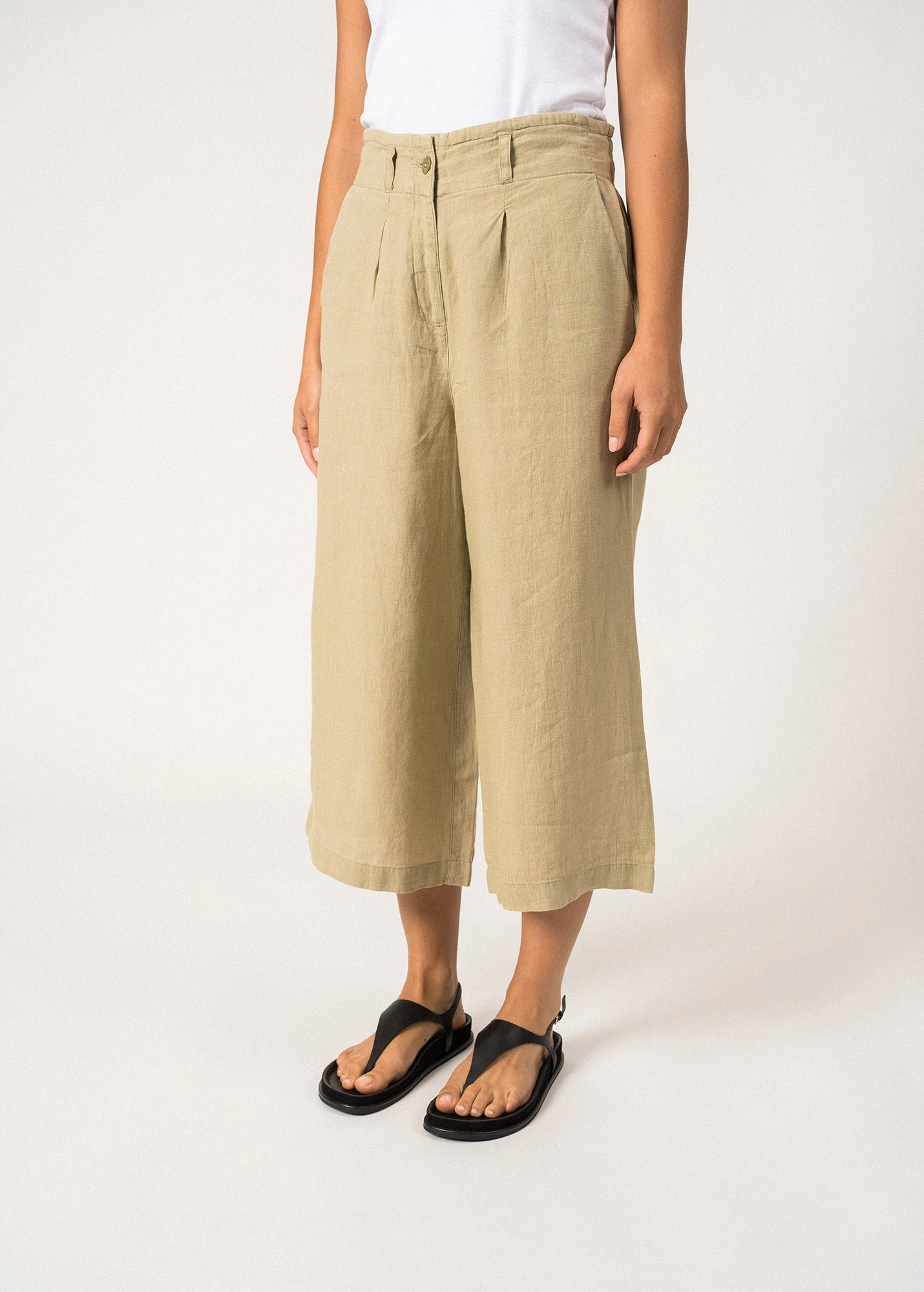 CHLOE - Pleasted Wide-Leg Pants with Elasticated Waist | 100% Linen (SOFT ALMOND) Side Slit Layer Combo