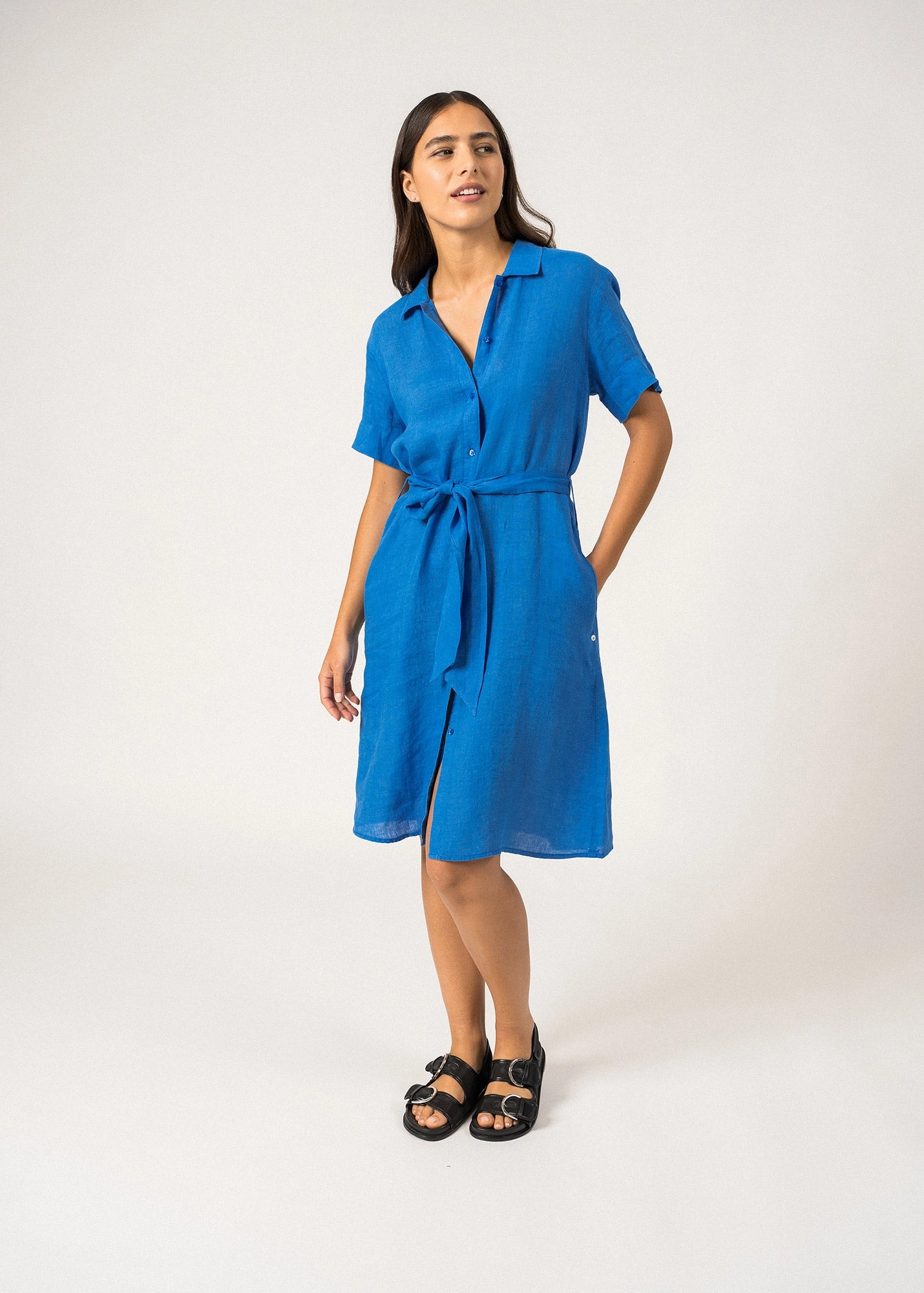 CHRISTINA - Linen Shirt-Dress (MER BLUE) Spring Brunch Non see through