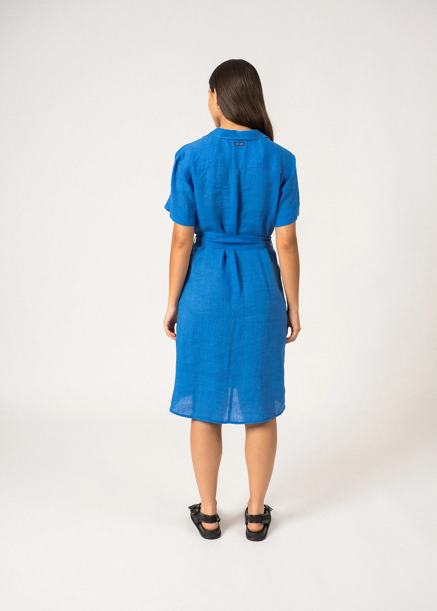 Elasticized Cuff Comfortable Feel CHRISTINA - Linen Shirt-Dress (MER BLUE)