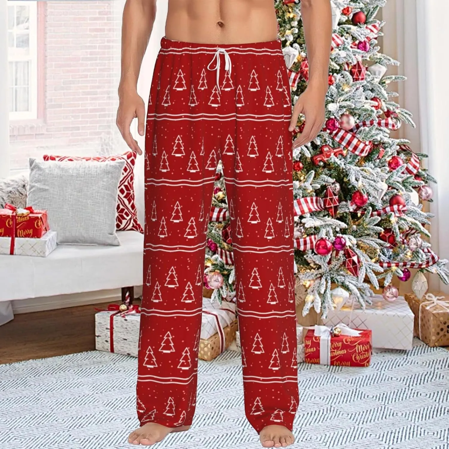 Christmas Pajama Pants Men Fashion Printing Casual Straight-Fit Pants Elastic Waist Pants with Pockets