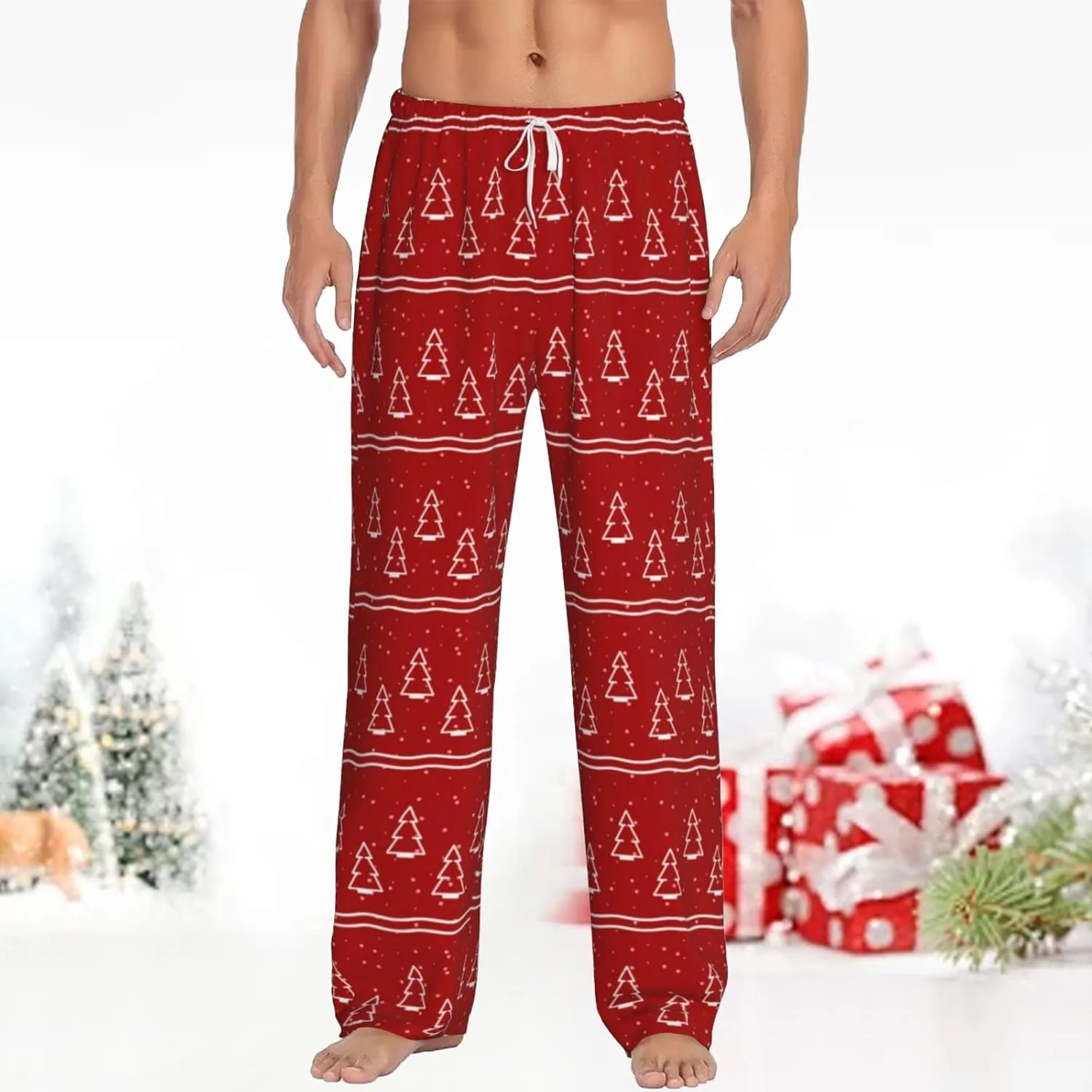 Christmas Pajama Pants Men Fashion Printing Casual Straight-Fit Pants Elastic Waist Pants with Pockets