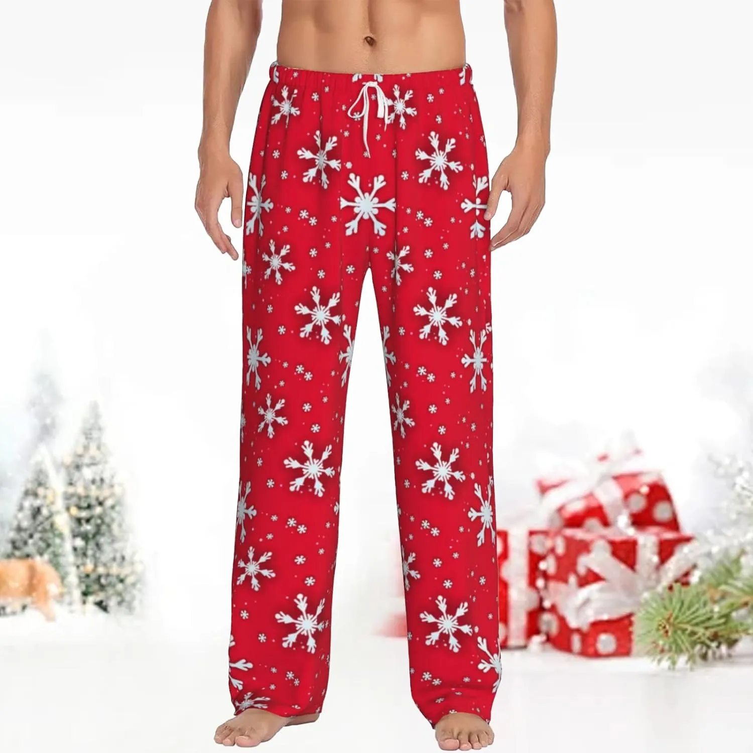 Christmas Pajama Pants Men Fashion Printing Casual Straight-Fit Pants Elastic Waist Pants with Pockets