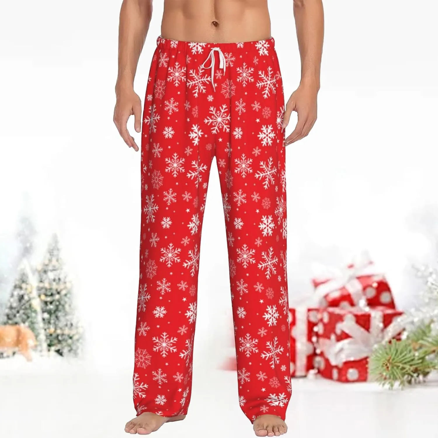 Christmas Pajama Pants Men Fashion Printing Casual Straight-Fit Pants Elastic Waist Pants with Pockets