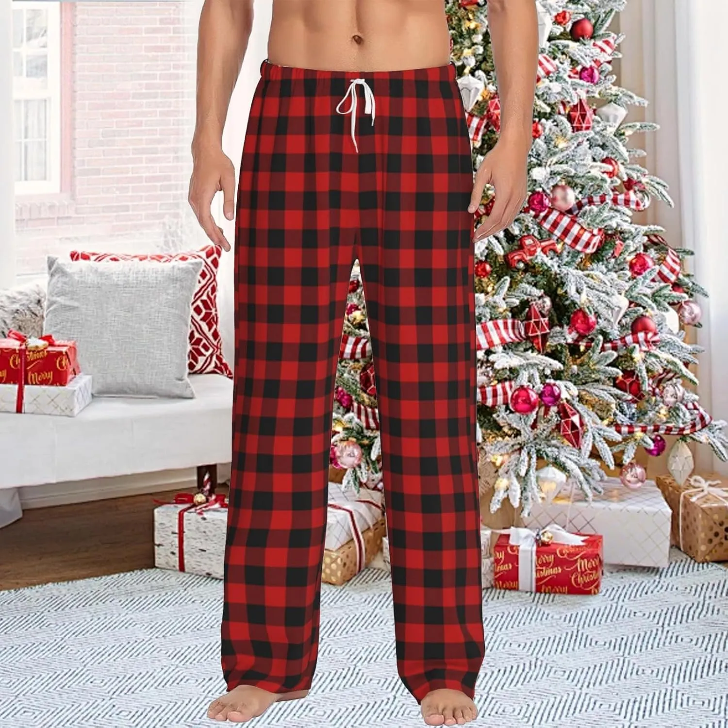 Christmas Pajama Pants Men Fashion Printing Casual Straight-Fit Pants Elastic Waist Pants with Pockets