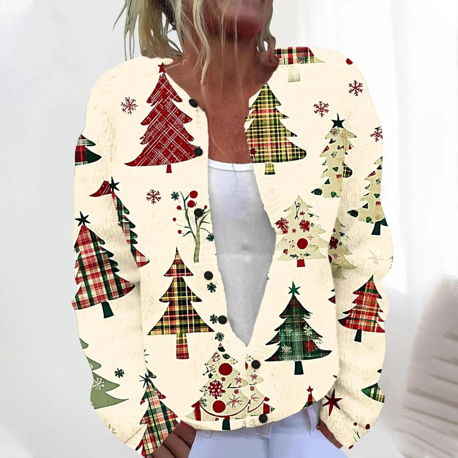 Christmas Plus Size Sweater for Women 2024 Cute Xmas Printed Cardigans Sweater Open Front Button Down Knit Jacket Coat