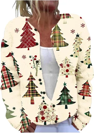 Christmas Plus Size Sweater for Women 2024 Cute Xmas Printed Cardigans Sweater Open Front Button Down Knit Jacket Coat