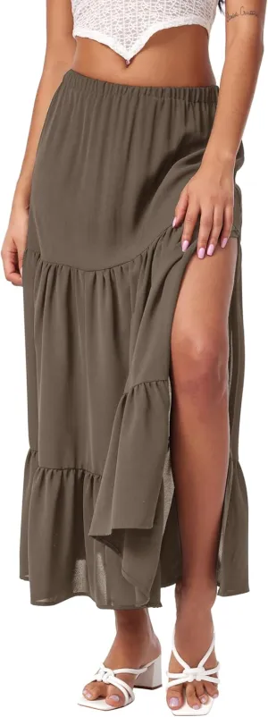 CIDER Midi Skirts for Women Split Hem Elastic High Waistd Boho Flowy Long Maxi Skirts