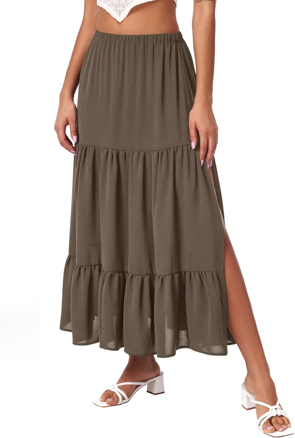 CIDER Midi Skirts for Women Split Hem Elastic High Waistd Boho Flowy Long Maxi Skirts