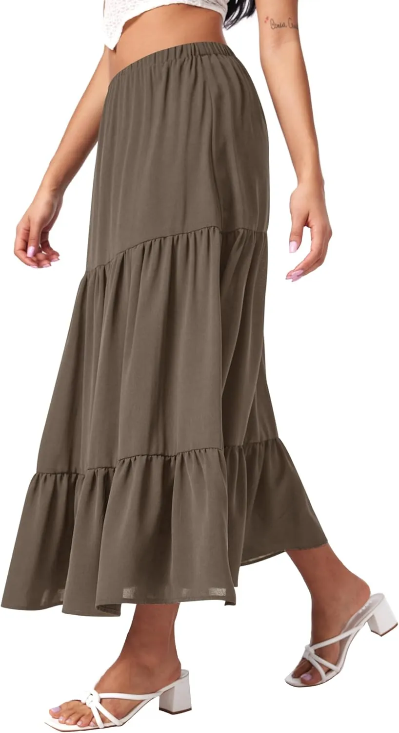 CIDER Midi Skirts for Women Split Hem Elastic High Waistd Boho Flowy Long Maxi Skirts