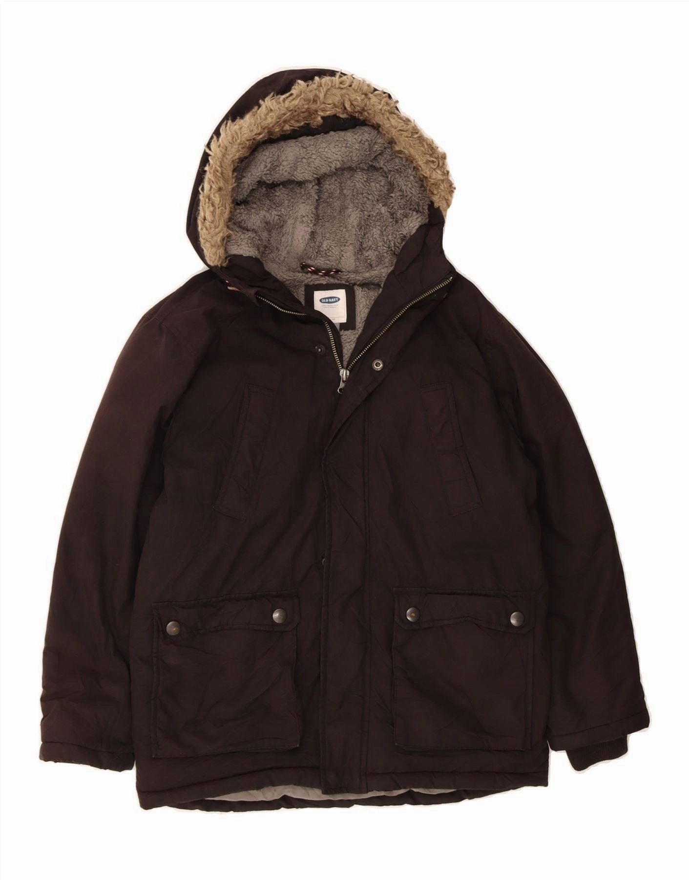 OLD NAVY Boys Hooded Windbreaker Jacket 10-11 Years Large Brown Acrylic Refined Casual Hearing-aid