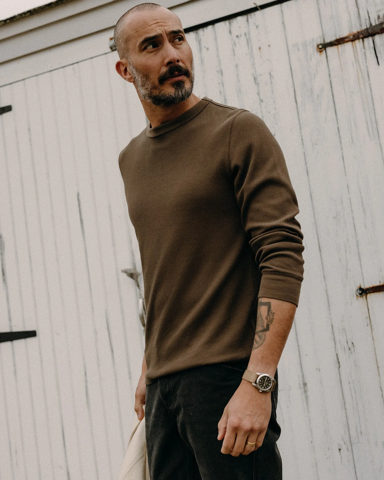 The Organic Cotton Crew in Fatigue Olive Waffle Festival wear