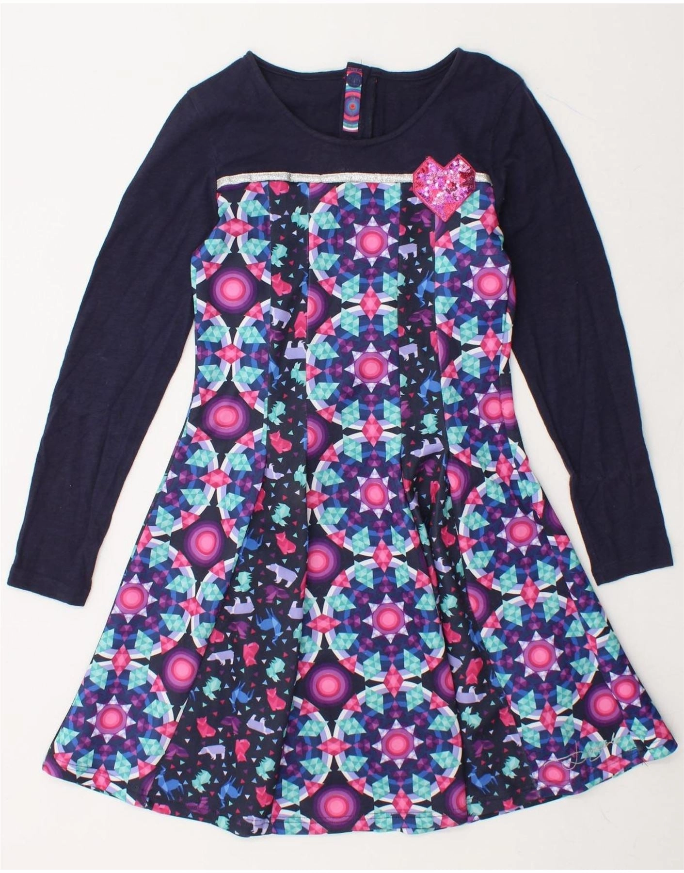 DESIGUAL Girls Long Sleeve A-Line Dress 13-14 Years Navy Blue Geometric Rose Soft Daytime Look