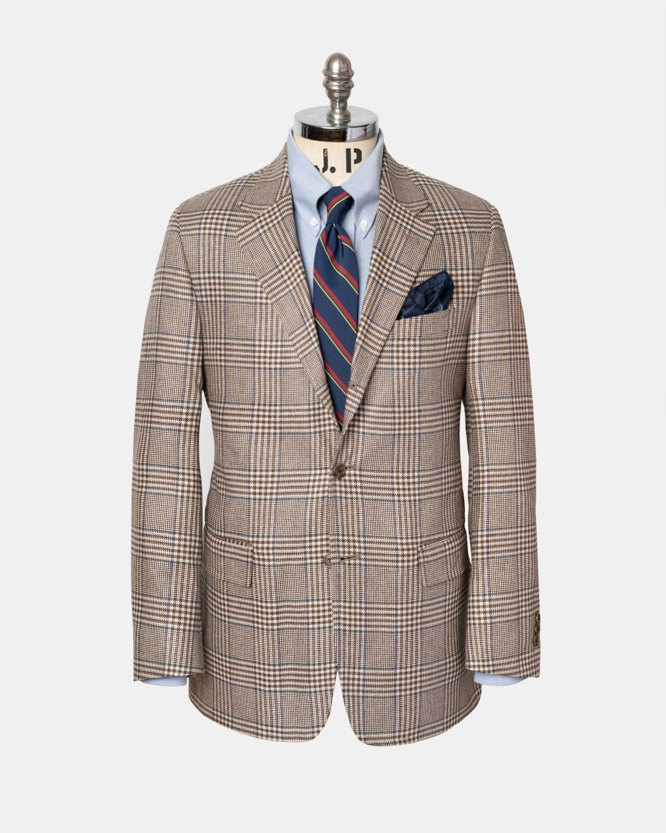 Made-in-Canada Tan & Navy Plaid Silk Sport Coat Breathable Underarm Vents