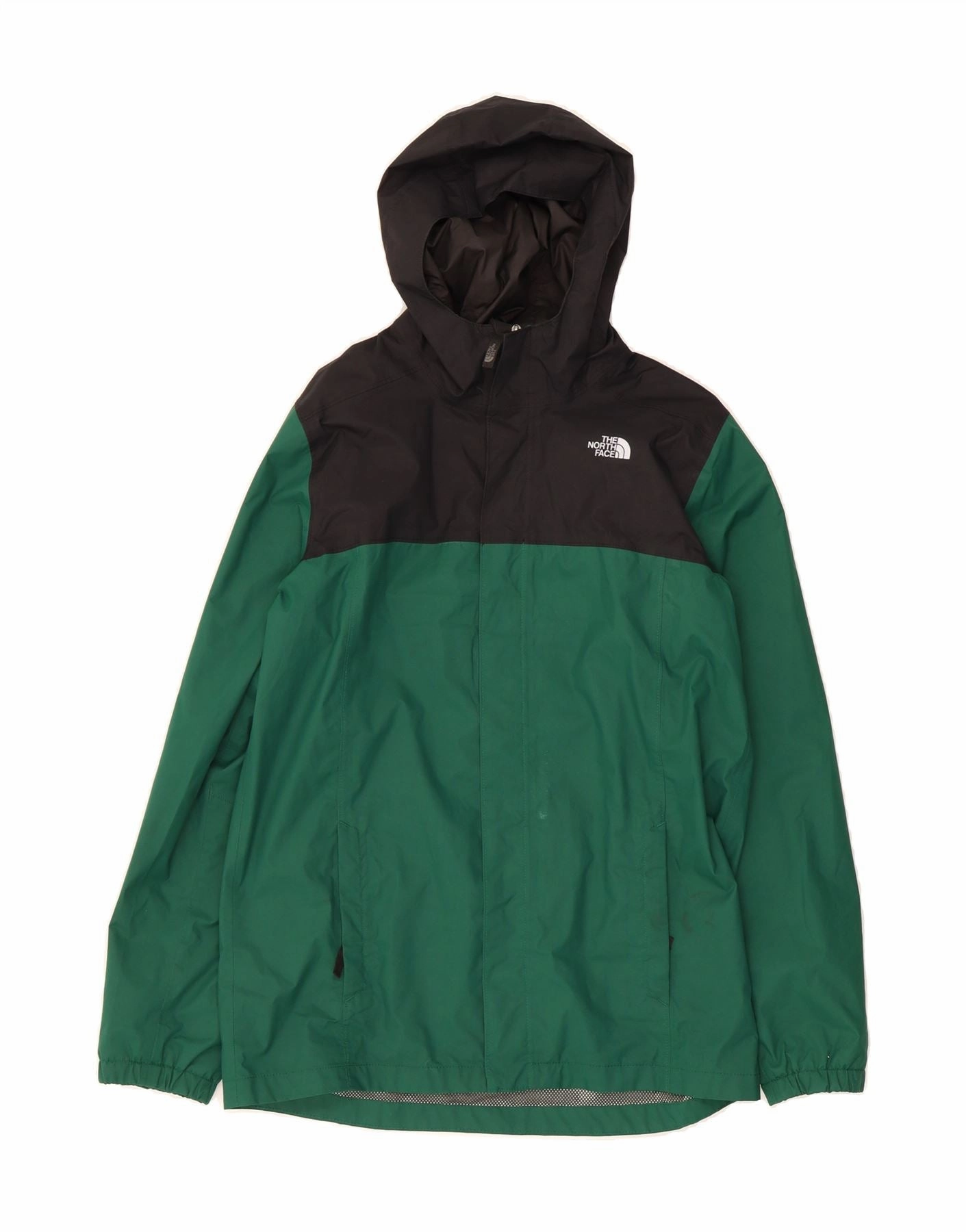 THE NORTH FACE Boys Hooded Rain Jacket 14-15 Years XL Green Colourblock gear up nurses