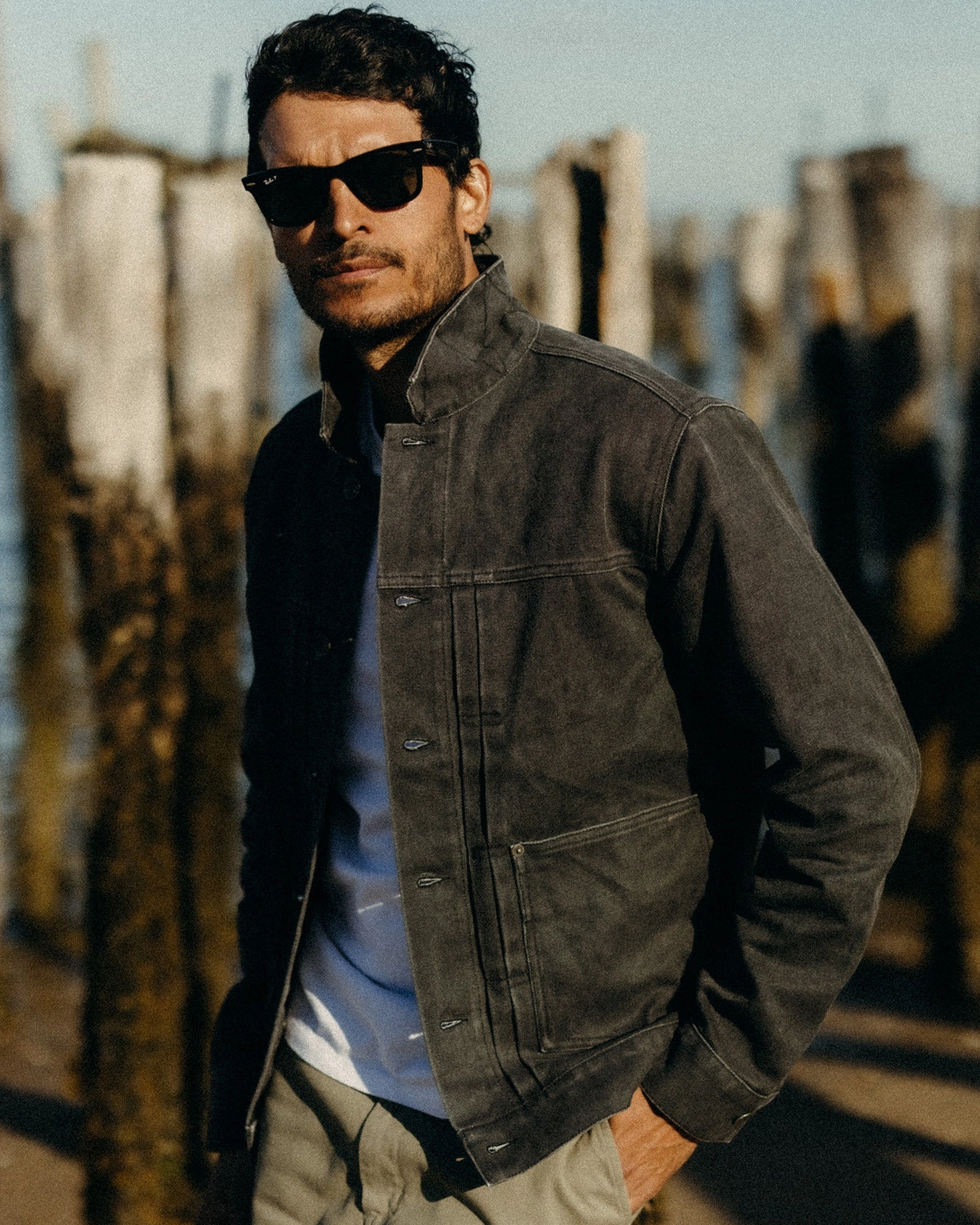Slide Strap Waistband Wind Control The Ryder Jacket in Coal Chipped Canvas