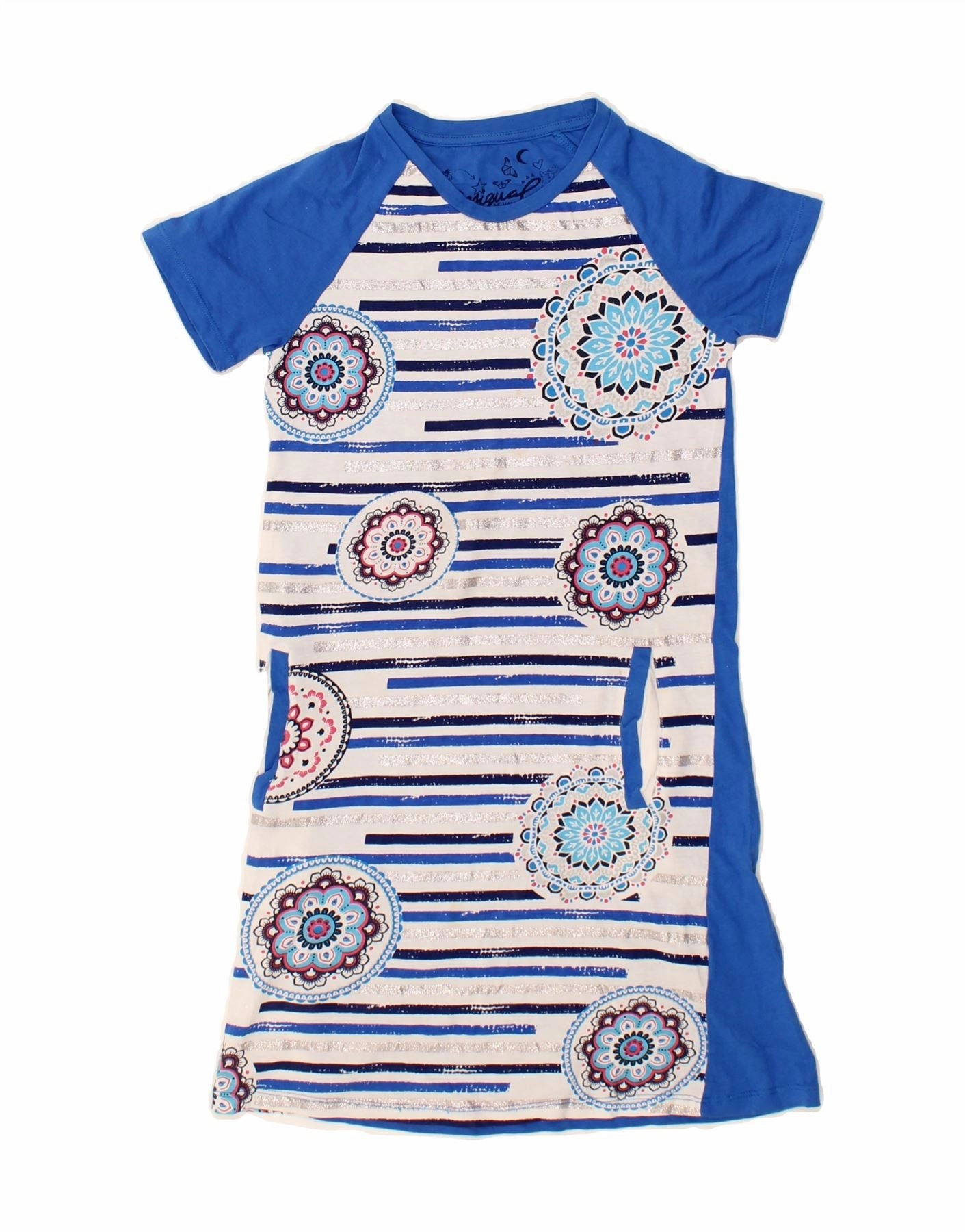 DESIGUAL Girls T-Shirt Dress 11-12 Years Blue Striped Cotton Recycled-Material Casual Smart