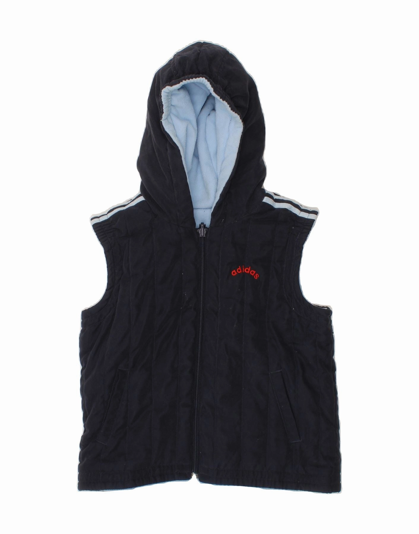 ADIDAS Boys Hooded Reversible Padded Gilet 2-3 Years Navy Blue Polyester Patch Non Irritating Seams