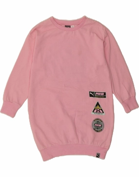 PUMA Girls Graphic Long Sleeve Jumper Dress 6-7 Years Small Pink Cotton Light Shape