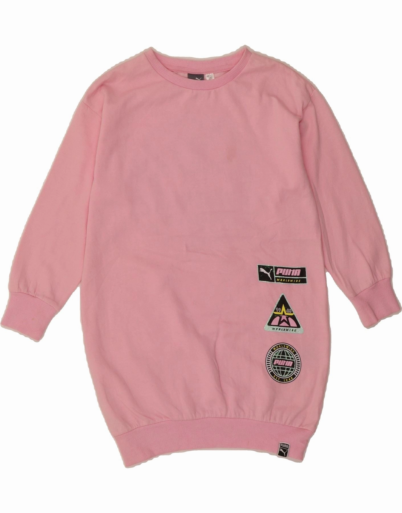 PUMA Girls Graphic Long Sleeve Jumper Dress 6-7 Years Small Pink Cotton Light Shape