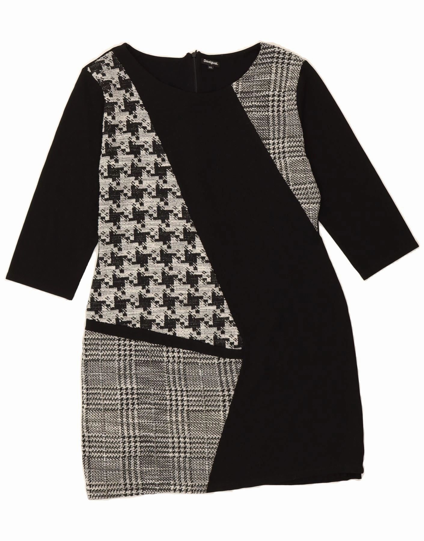 DESIGUAL Girls 3/4 Sleeve Sheath Dress 15-16 Years 2XL Black Patchwork Tailored Piece