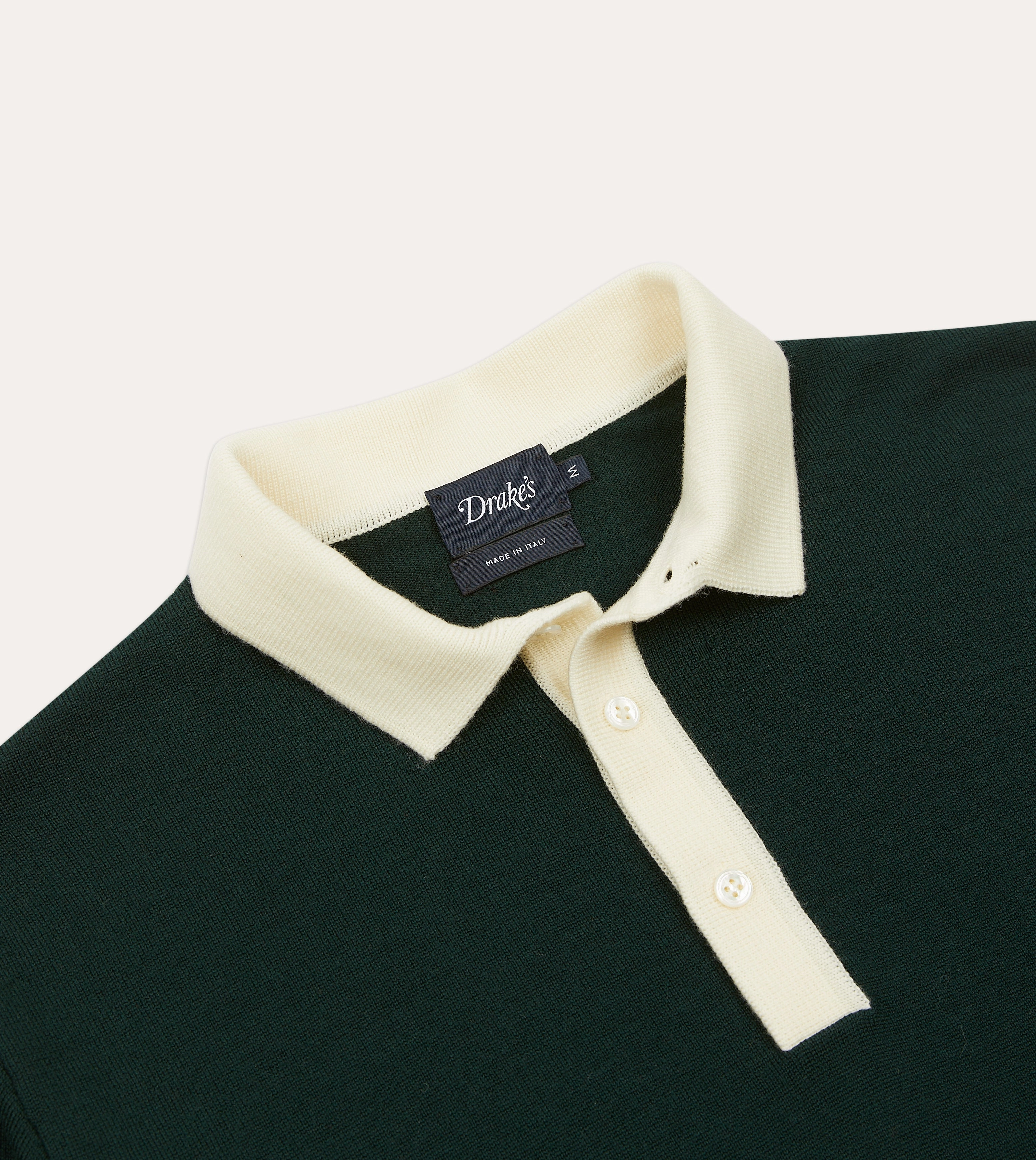 Green Merino Wool Knitted Rugby Shirt Tonal Stitching Detail
