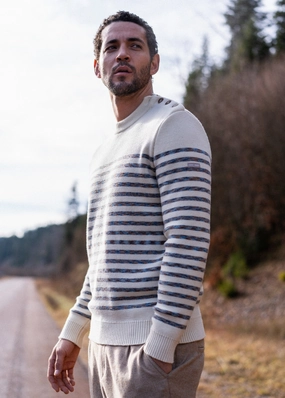 Double Layered Knit BINIC WEST - Authentic Striped Wool Sailor Sweater with Shoulder Buttons (ECRU / MULTICOLORED STRIPES)