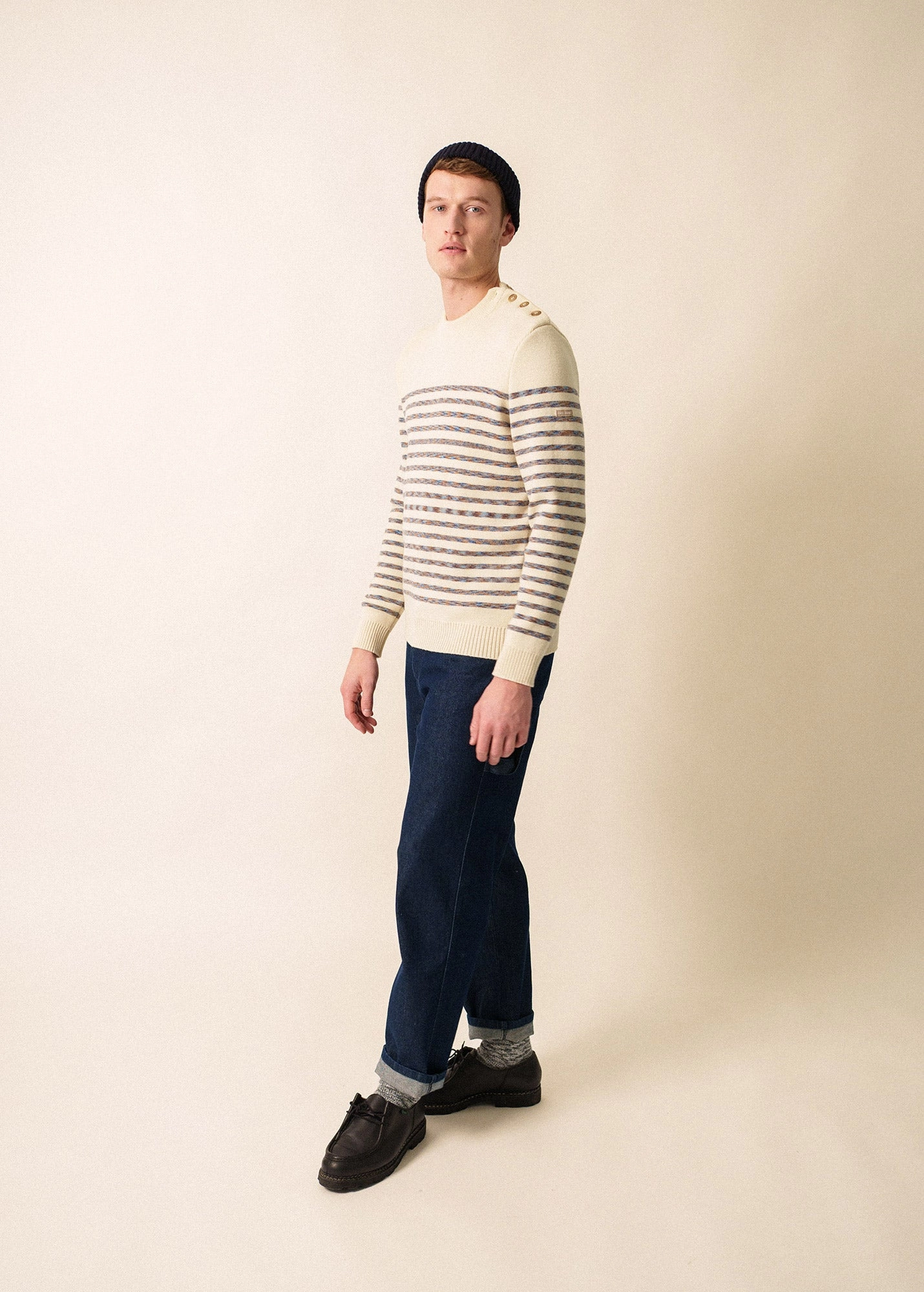 BINIC WEST - Authentic Striped Wool Sailor Sweater with Shoulder Buttons (ECRU / MULTICOLORED STRIPES) Classic Knit