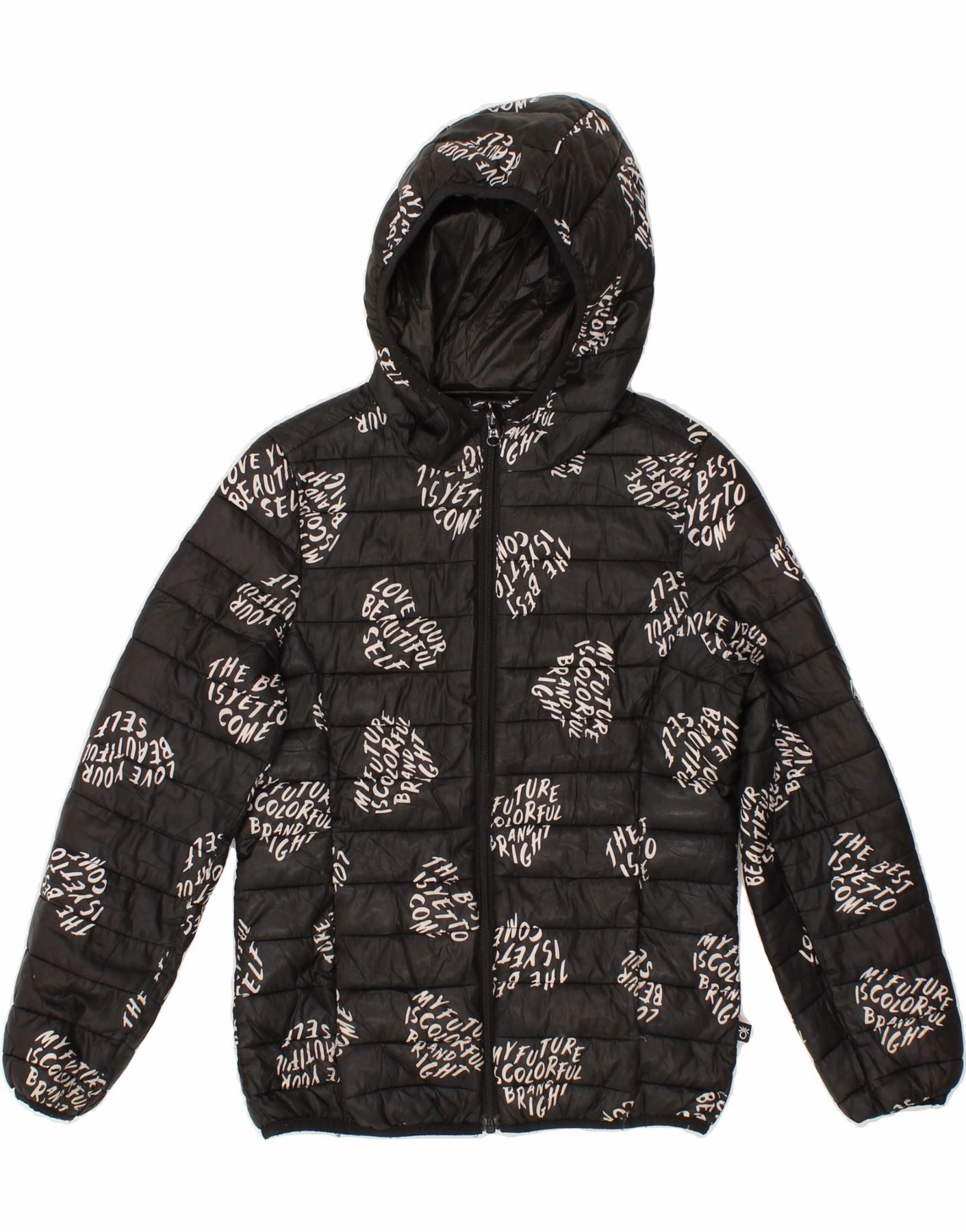 BENETTON Boys Graphic Hooded Padded Jacket 10-11 Years XL Black Polyester Slimming Thermal wear